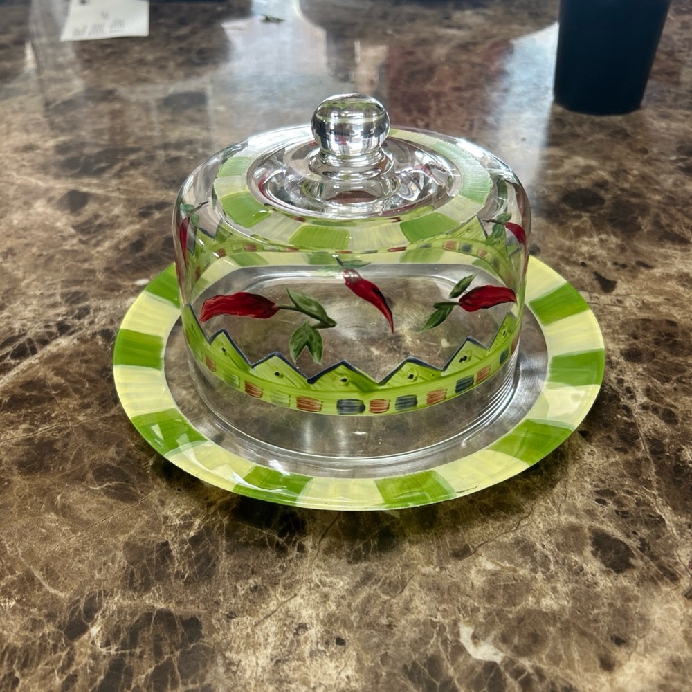 Hand-painted glass cloche and plate with chili pepper design